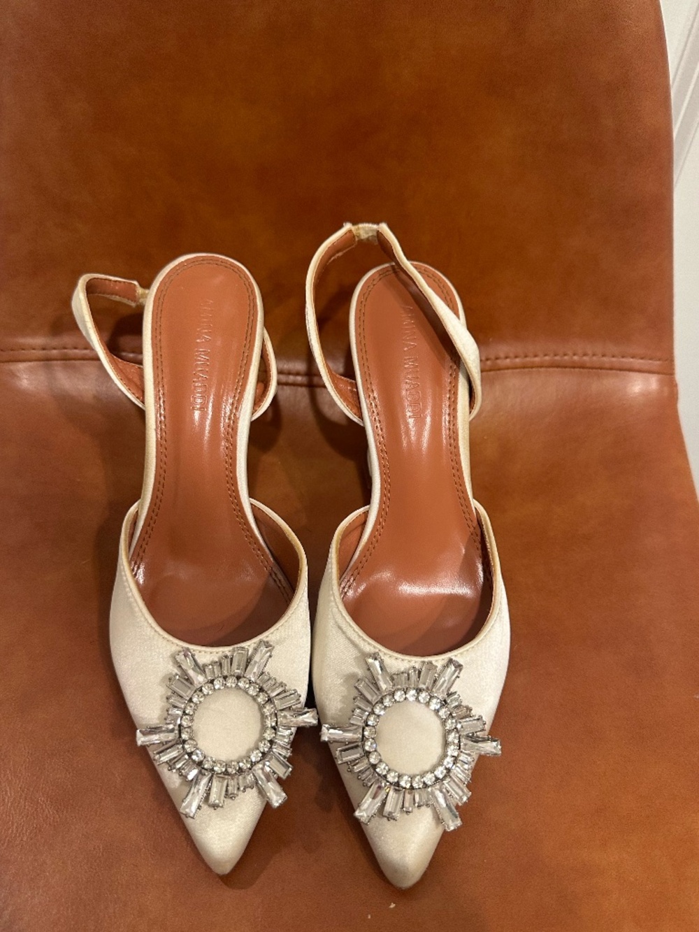 White Satin Slingback Heels with Crystal Embellishment